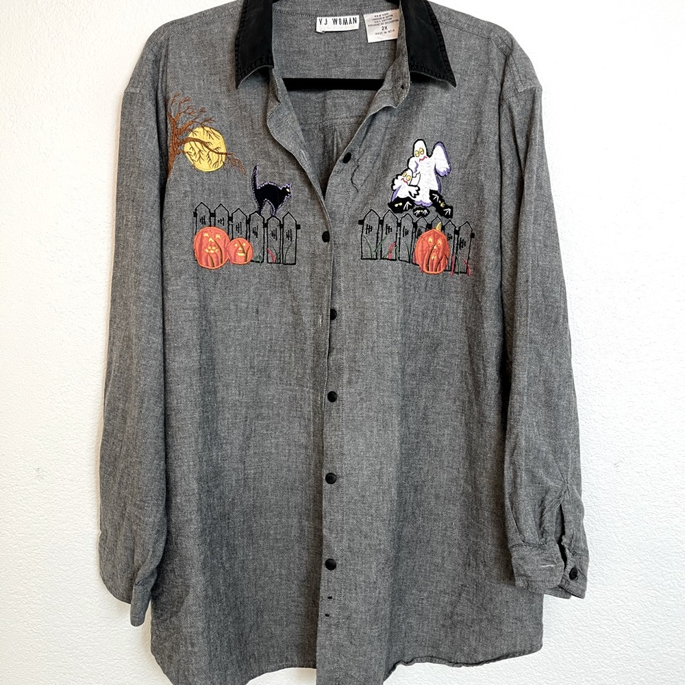 VJ Woman’s Halloween novelty embroidered long sleeve button down shirt size 2X